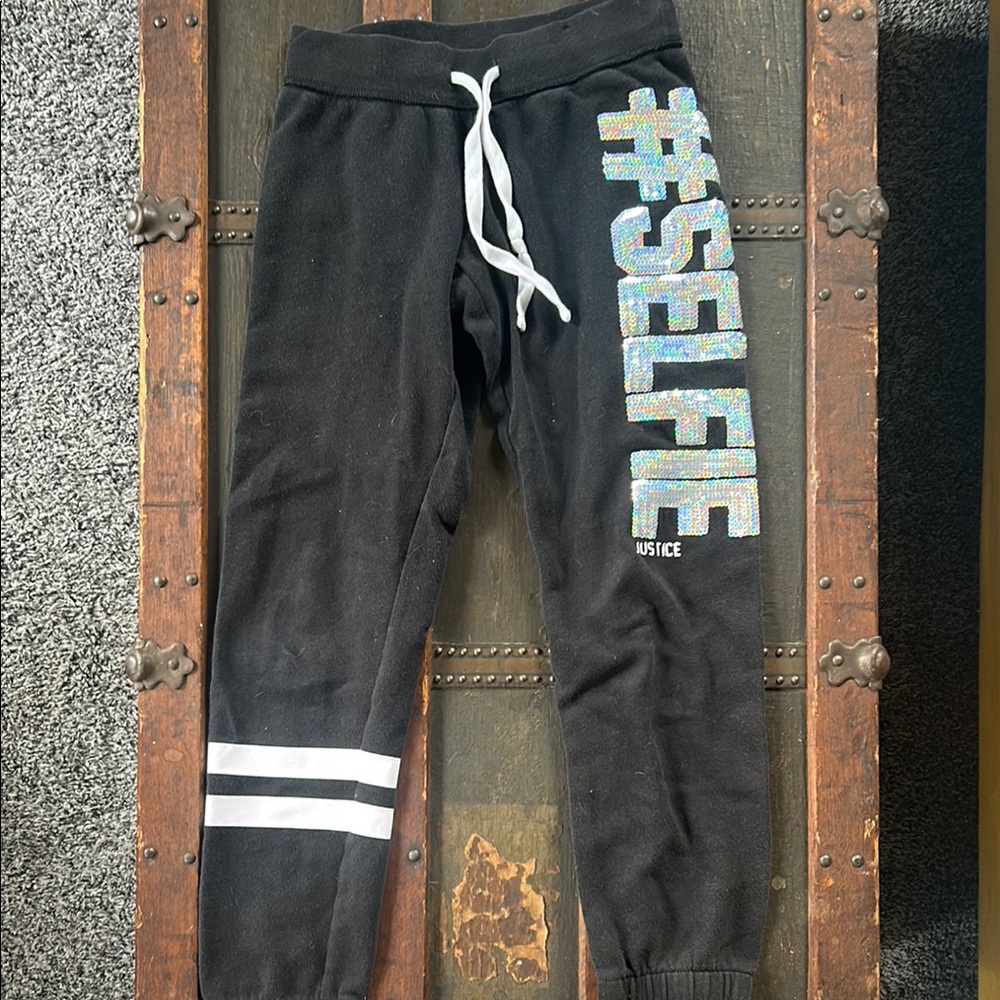 Justice Black Joggers with #SELFIE Print; size 8